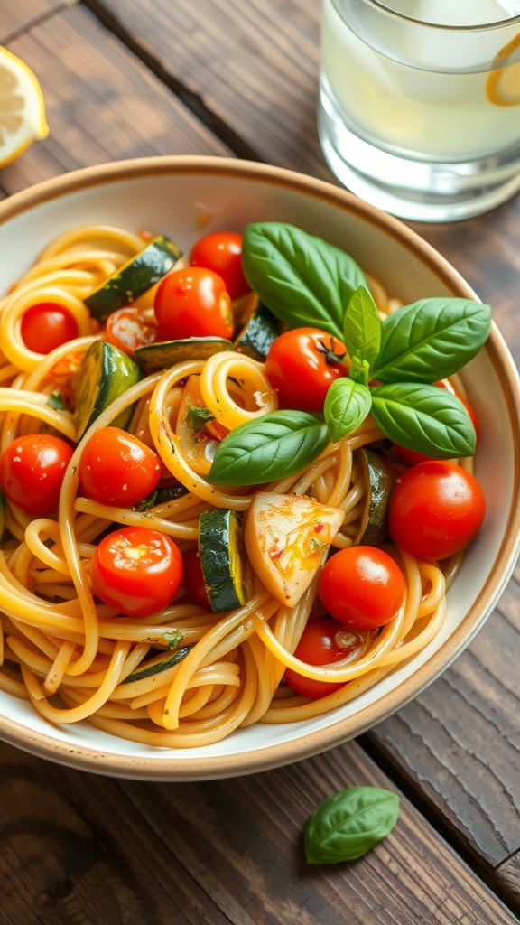 A colorful bowl of Mediterranean vegetarian pasta with zucchini, bell peppers, and cherry tomatoes, garnished with basil.